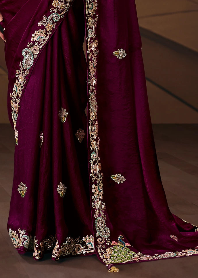 Wine Maroon Red Organza Tissue Silk Embroidered Bridal Saree