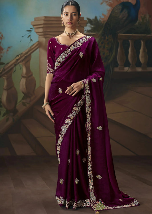 Wine Maroon Red Organza Tissue Silk Embroidered Bridal Saree