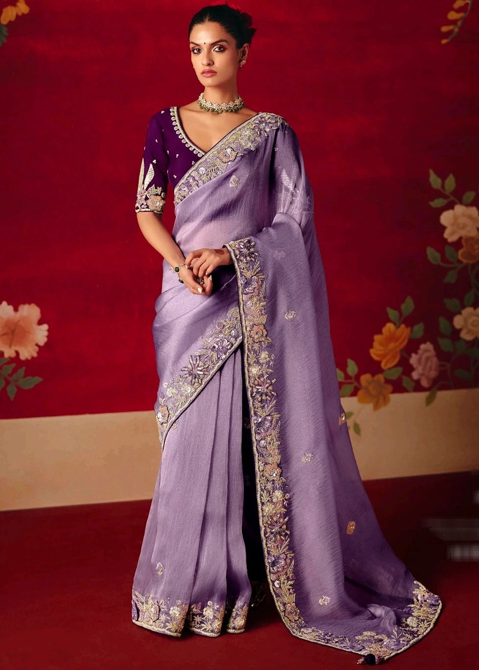 Designer Crushed Lavender Purple Organza Tissue Silk Embroidered Saree & Violet Blouse