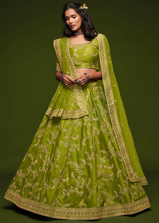 Lime Green Silk Bridesmaids Lehenga Choli With Zari Work