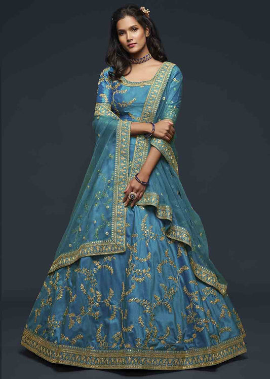 Turquoise Blue Silk Bridesmaids Lehenga Choli With Zari Work