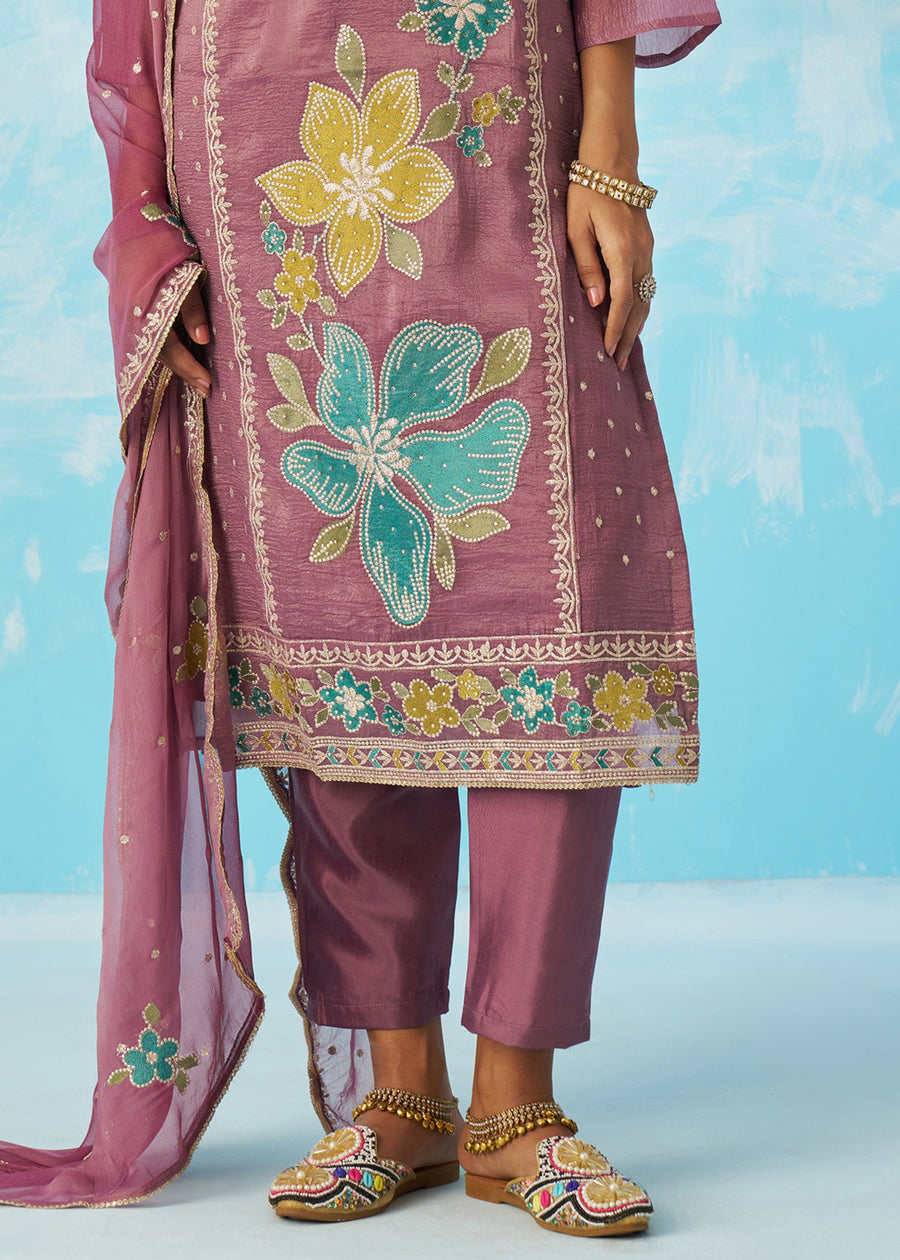 Mauve Purple Crushed Tissue Silk Ethnic Pant Style Suit With Dupatta
