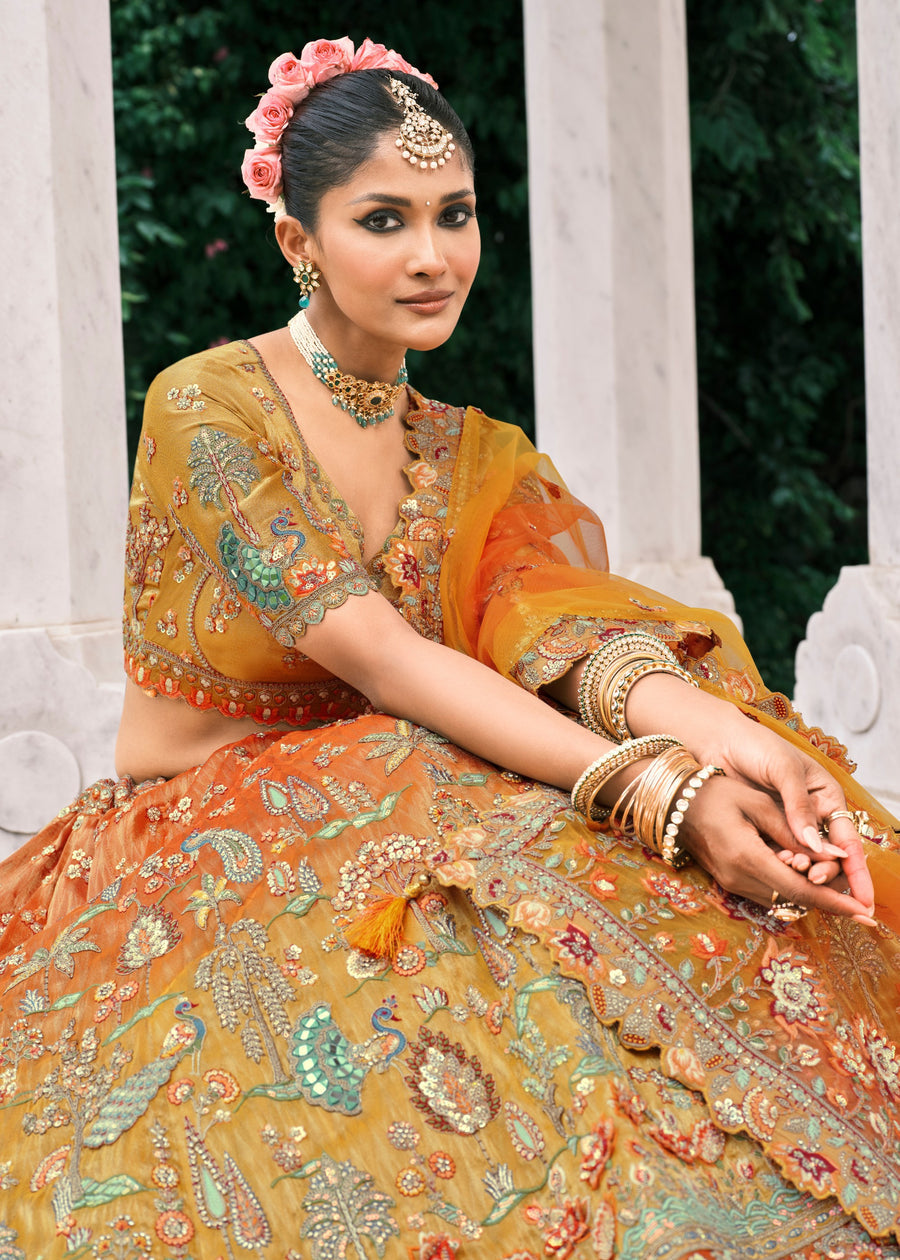 Orange & Yellow Ombre Effect Embroidered Banarasi Silk Lehenga Choli