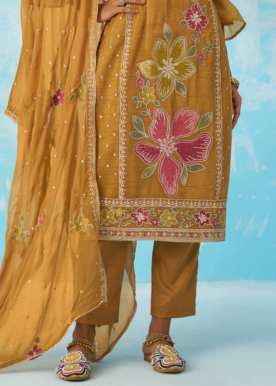 Mustard Yellow Crushed Tissue Silk Ethnic Pant Style Suit With Dupatta