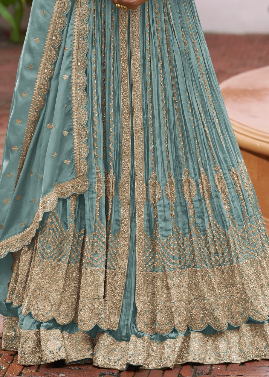 Pastel Blue Chinon Silk Anarkali Suit With Ghagra Skirt