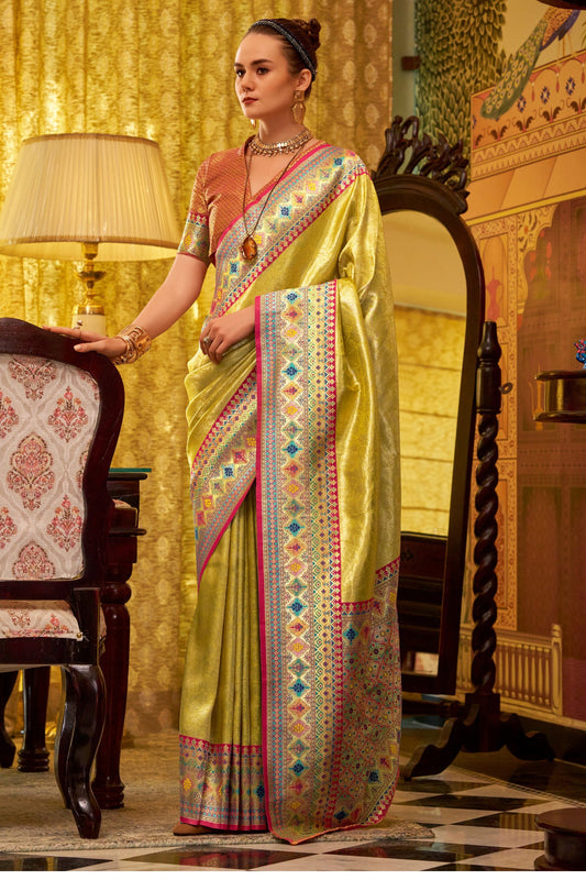 Yellow Banarasi Tissue Silk Multicolor Weaving Border Saree
