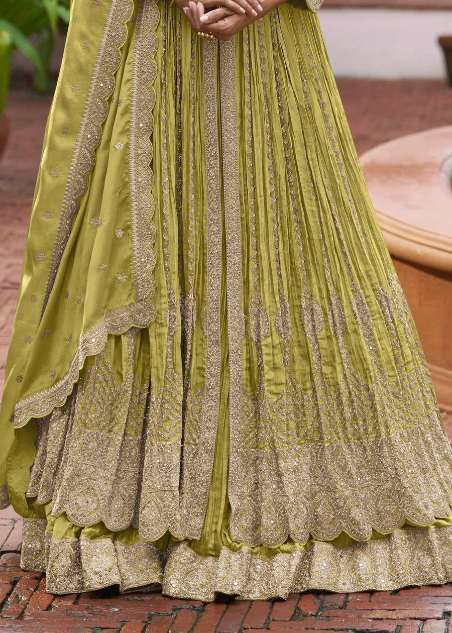 Lime Green Chinon Silk Anarkali Suit With Ghagra Skirt