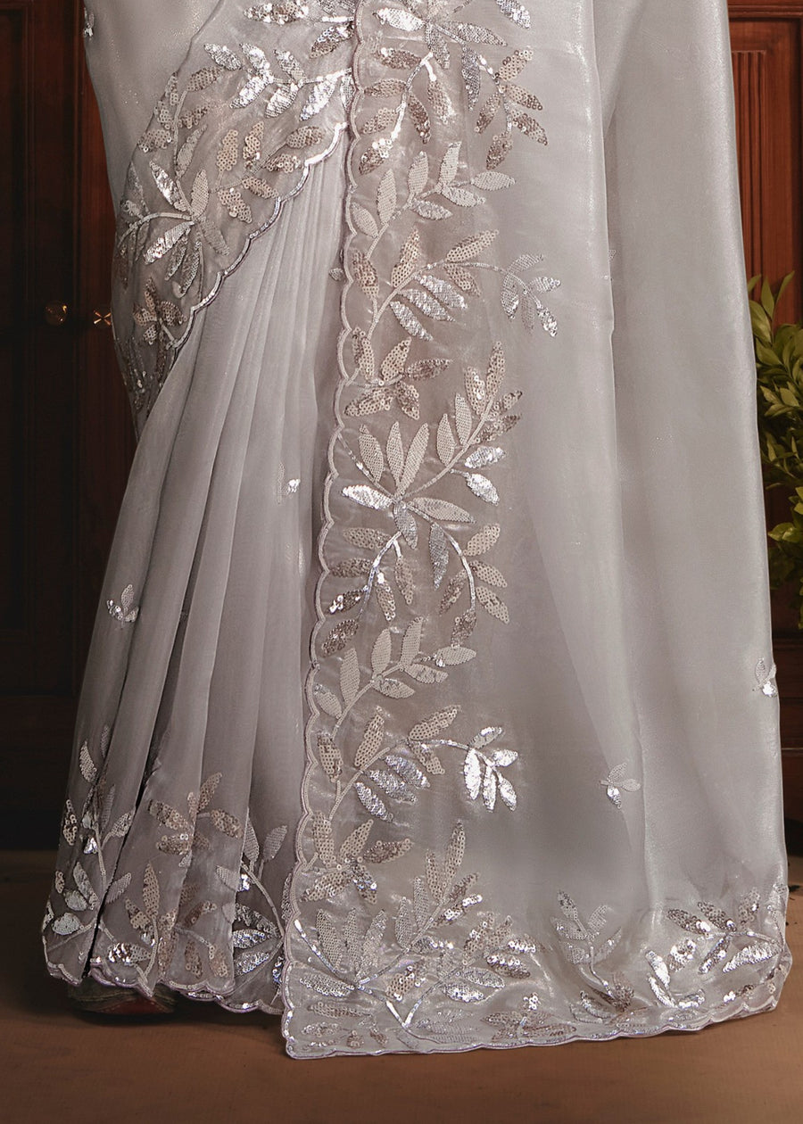 Grey Organza Tissue Silk Saree & Pastel Pink Blouse With Sequins Embroidery