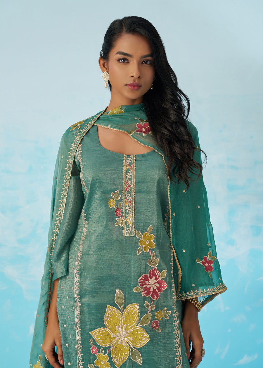 Sage Green Crushed Tissue Silk Ethnic Pant Style Suit With Dupatta