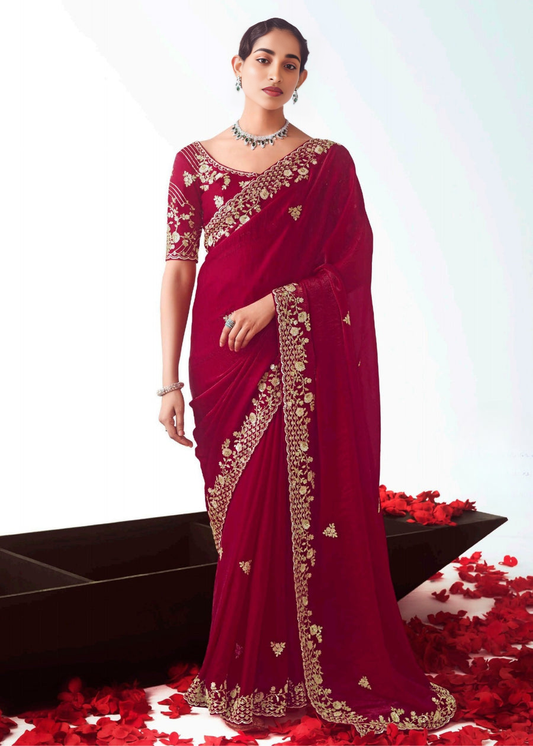 Dark Red Fancy Organza Tissue Silk Embroidered Bridal Saree
