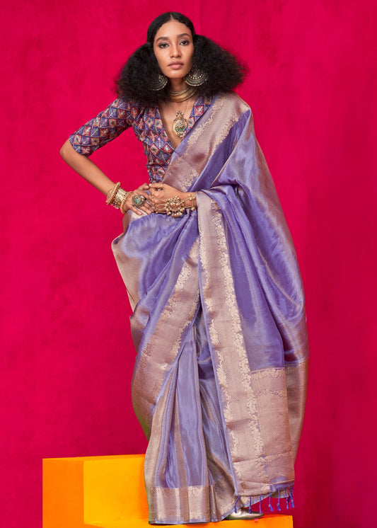 Purple Banarasi Viscose Tissue Silk Handloom Saree