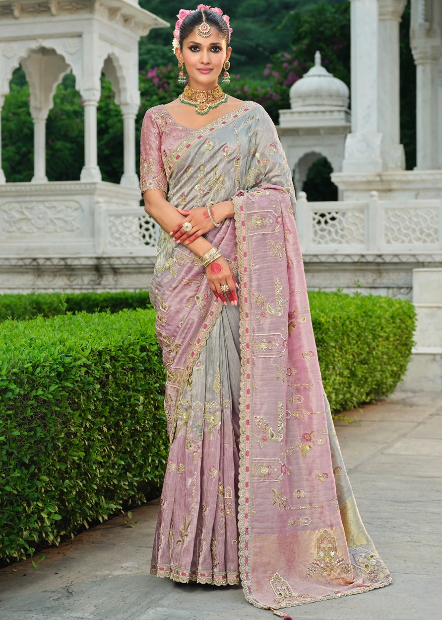 Pastel Pink & Grey Ombre Zari Silk Embroidered Bridal Saree