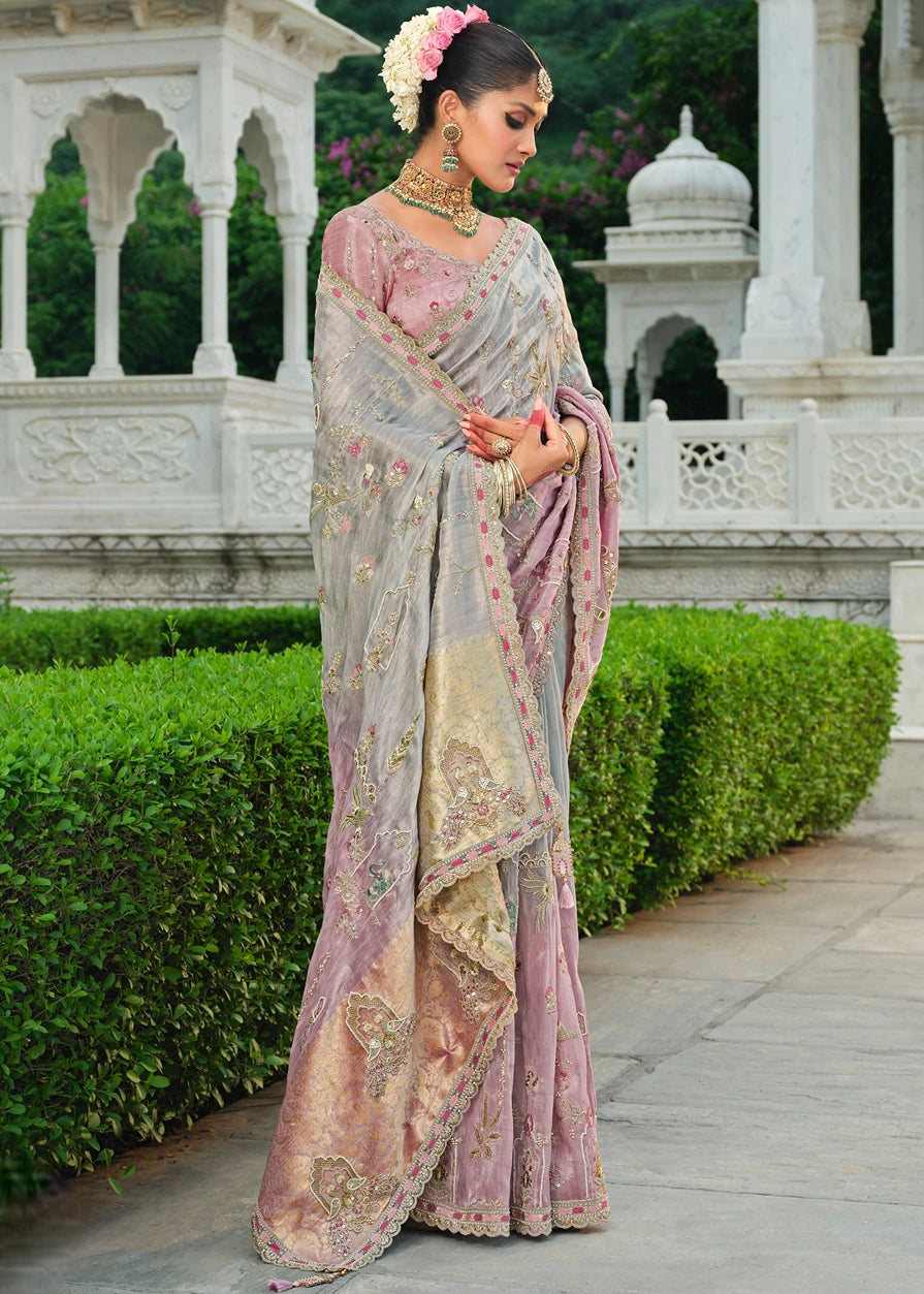 Pastel Pink & Grey Ombre Zari Silk Embroidered Bridal Saree