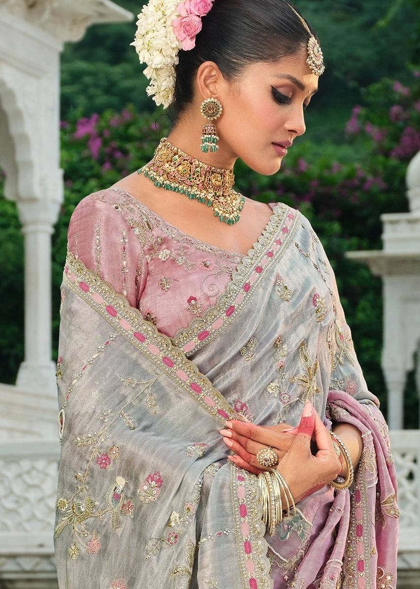 Pastel Pink & Grey Ombre Zari Silk Embroidered Bridal Saree