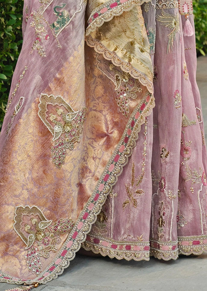 Pastel Pink & Grey Ombre Zari Silk Embroidered Bridal Saree