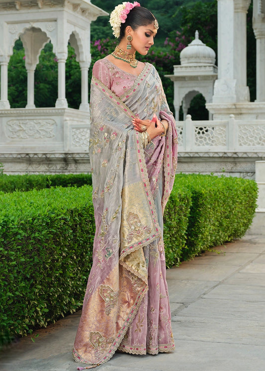 Pastel Pink & Grey Ombre Zari Silk Embroidered Bridal Saree