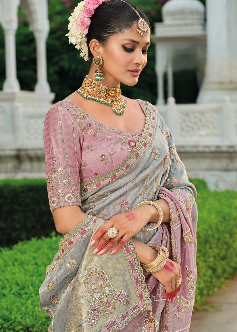 Pastel Pink & Grey Ombre Zari Silk Embroidered Bridal Saree