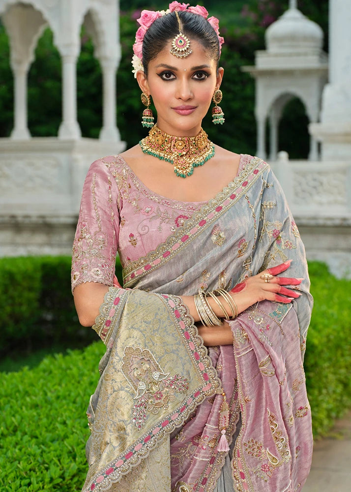 Pastel Pink & Grey Ombre Zari Silk Embroidered Bridal Saree