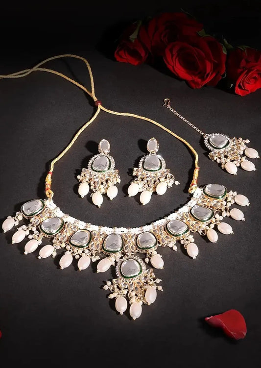 Polki Kundan Choker Necklace Set With Earrings & Maang Tikka