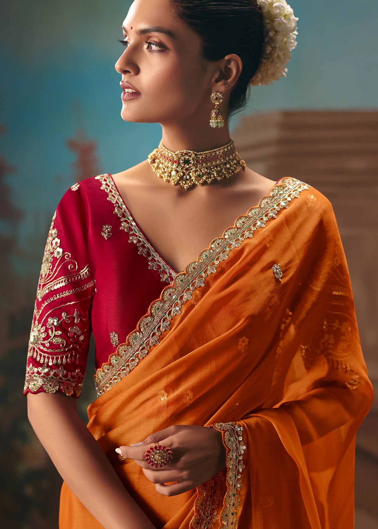 Orange Organza Tissue Silk Embroidered Bridal Saree & Red Blouse