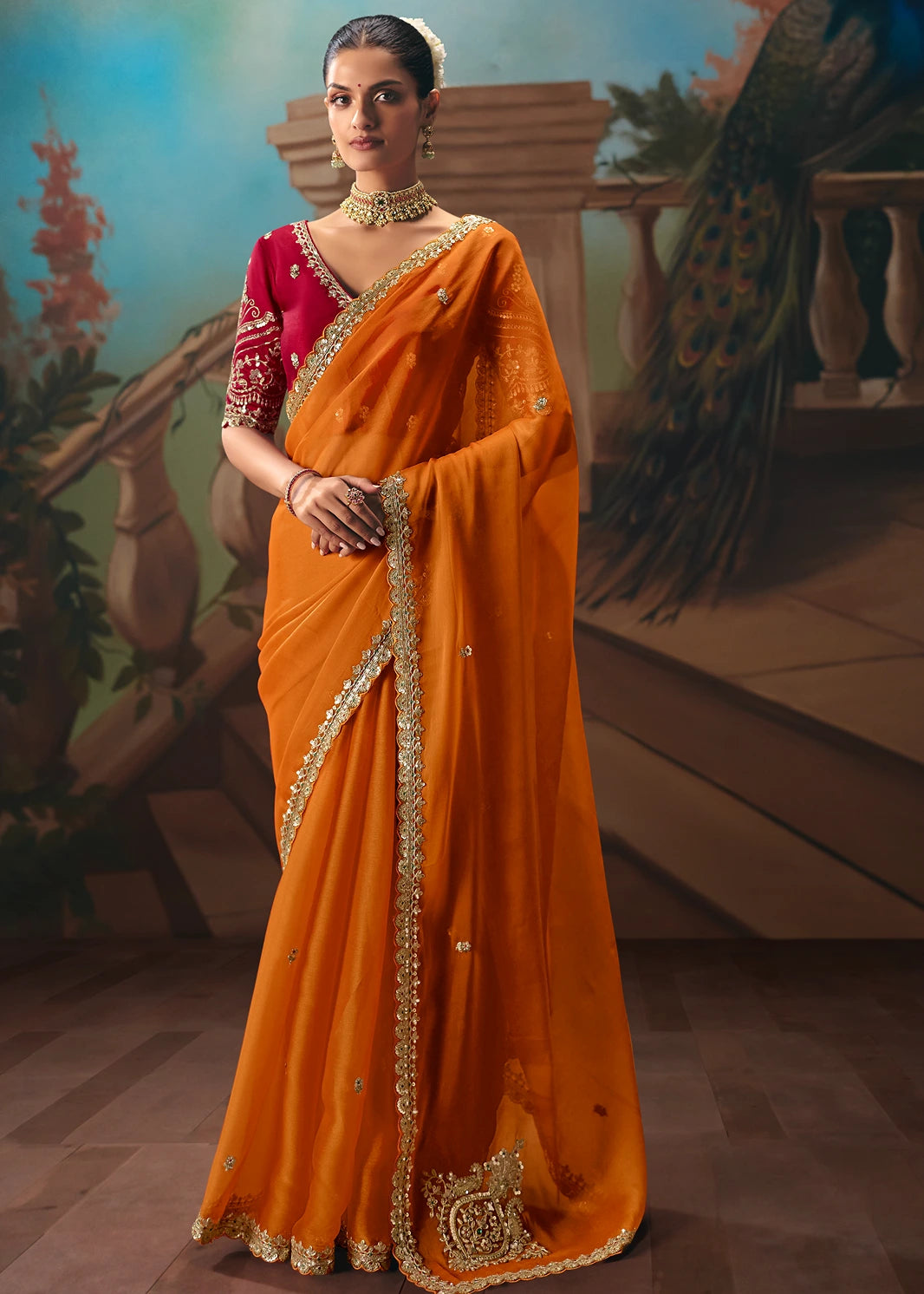 Orange Organza Tissue Silk Embroidered Bridal Saree & Red Blouse
