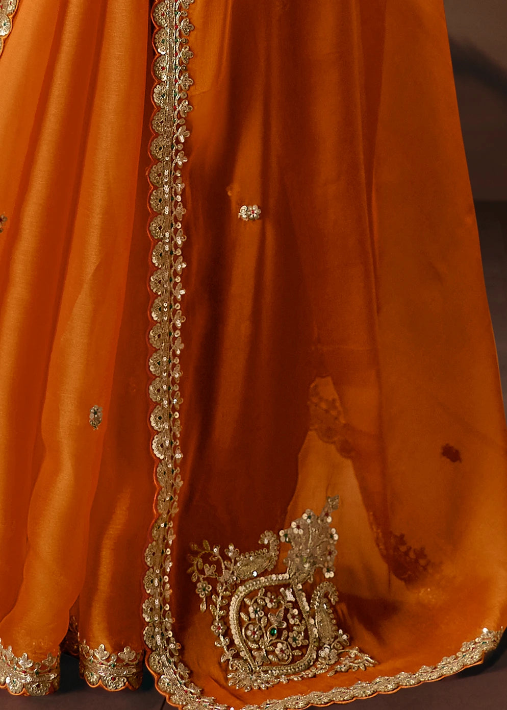 Orange Organza Tissue Silk Embroidered Bridal Saree & Red Blouse
