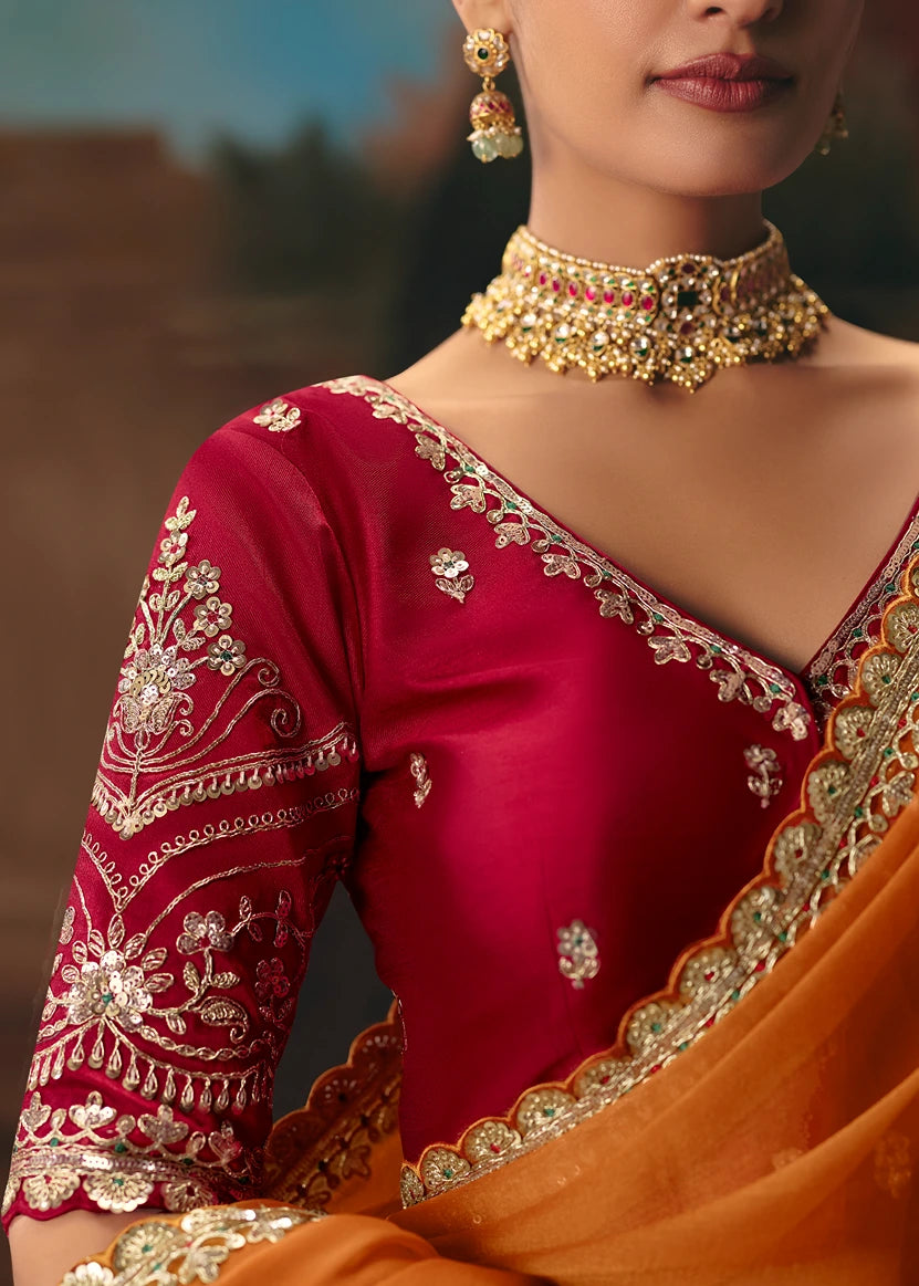 Orange Organza Tissue Silk Embroidered Bridal Saree & Red Blouse