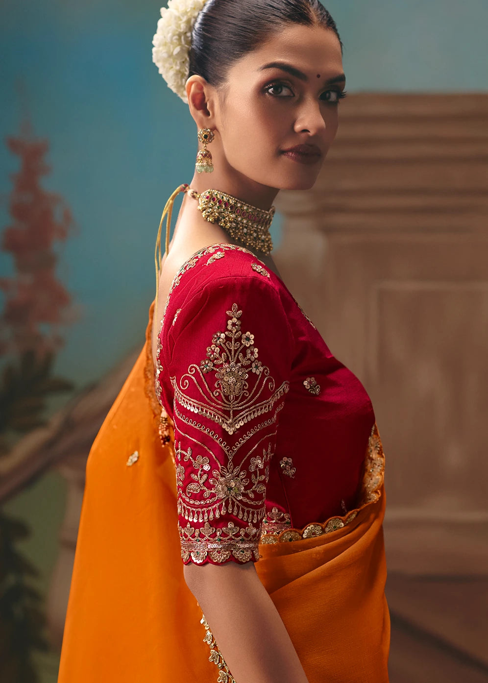Orange Organza Tissue Silk Embroidered Bridal Saree & Red Blouse