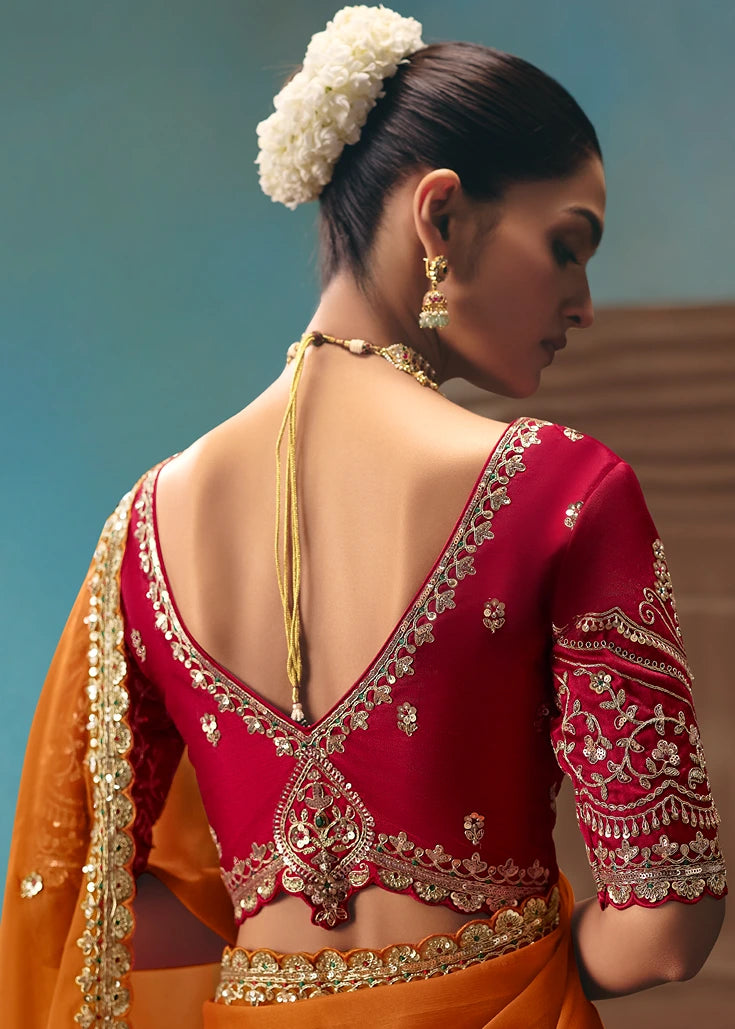 Orange Organza Tissue Silk Embroidered Bridal Saree & Red Blouse