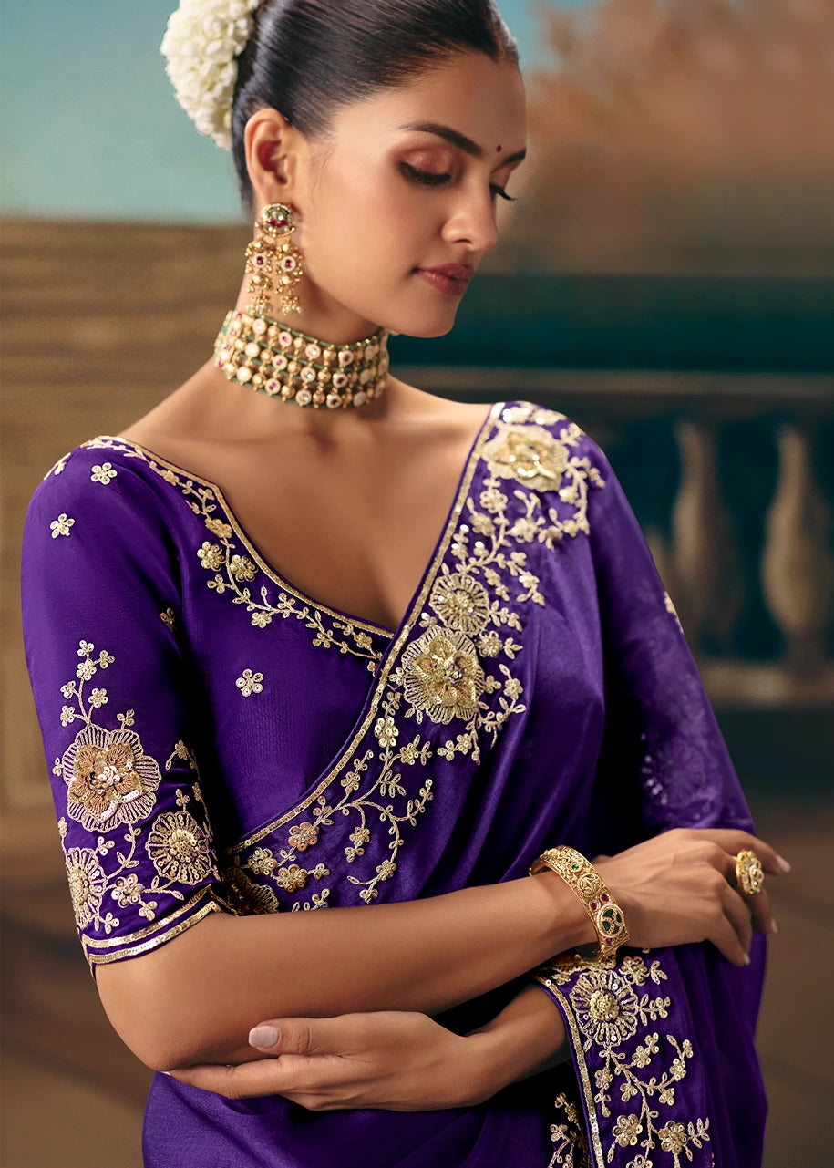 Violet Purple Organza Tissue Silk Embroidered Bridal Saree