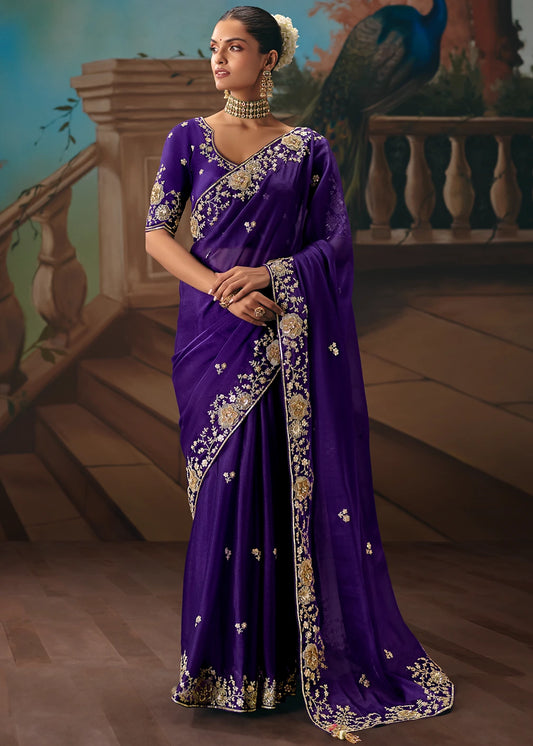 Violet Purple Organza Tissue Silk Embroidered Bridal Saree