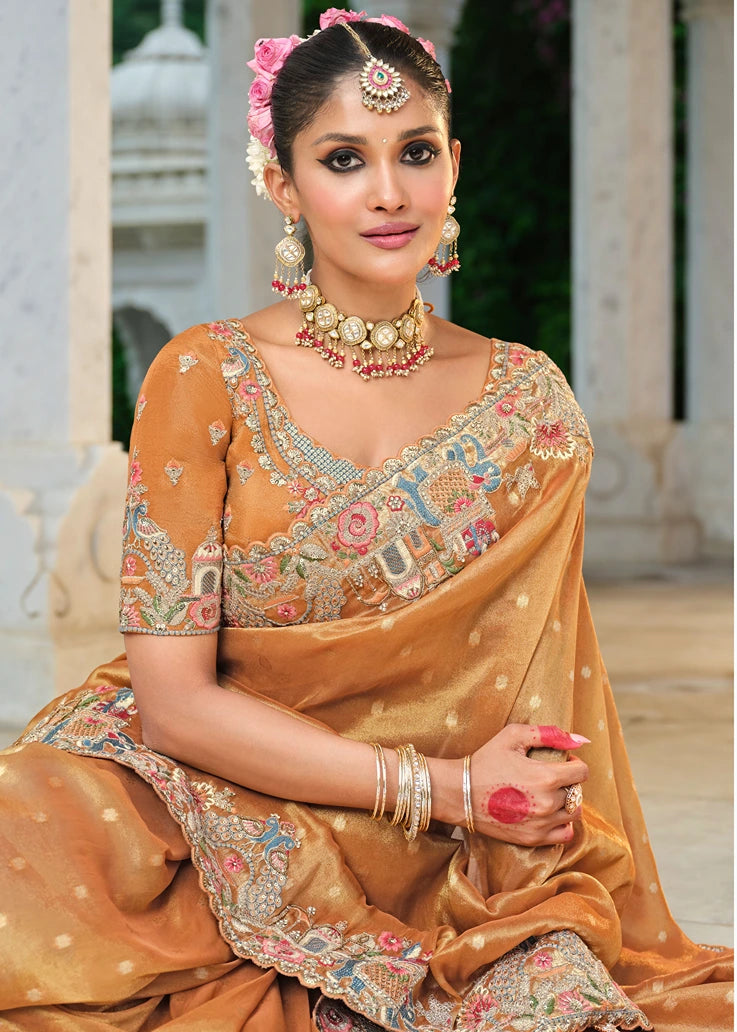 Orange Banarasi Tissue Silk Embroidered Bridal Saree