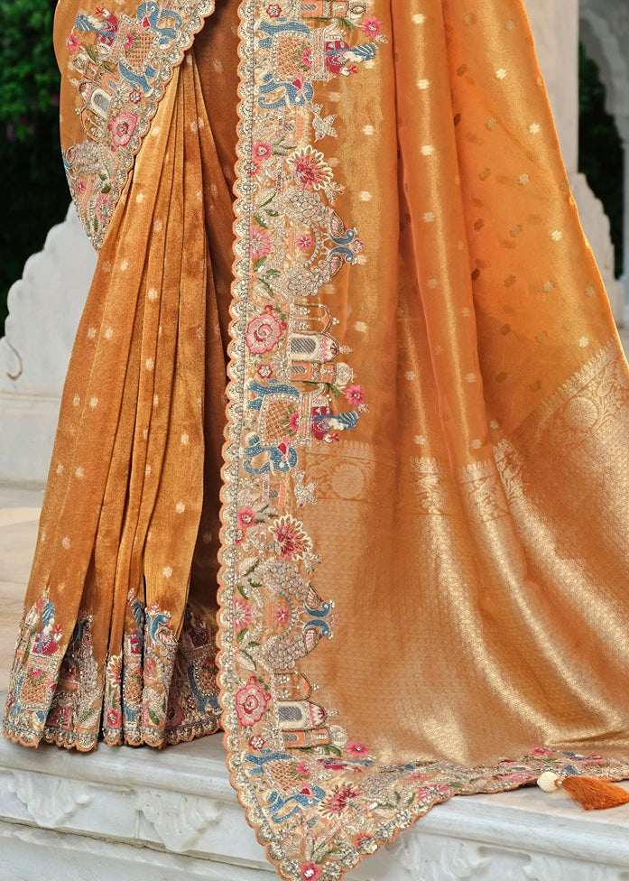 Orange Banarasi Tissue Silk Embroidered Bridal Saree