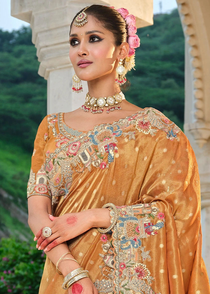 Orange Banarasi Tissue Silk Embroidered Bridal Saree