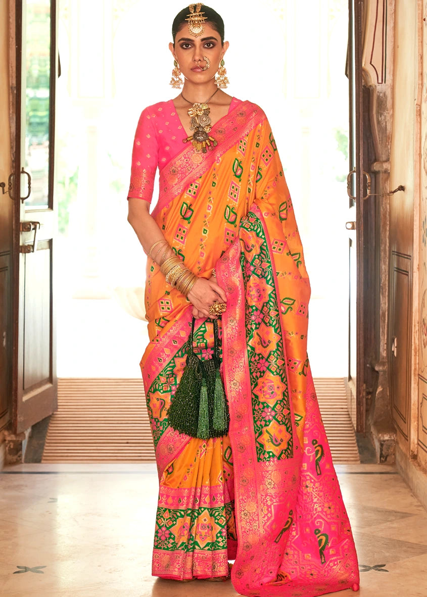 Mustard Yellow Patola Silk Saree With Pink Blouse