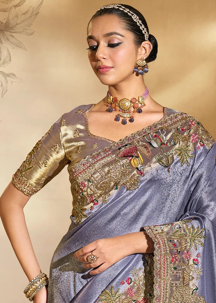 Lavender Purple & Golden Kanjivaram Silk Embroidered Bridal Saree