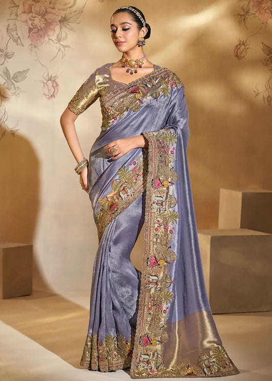 Lavender Purple & Golden Kanjivaram Silk Embroidered Bridal Saree