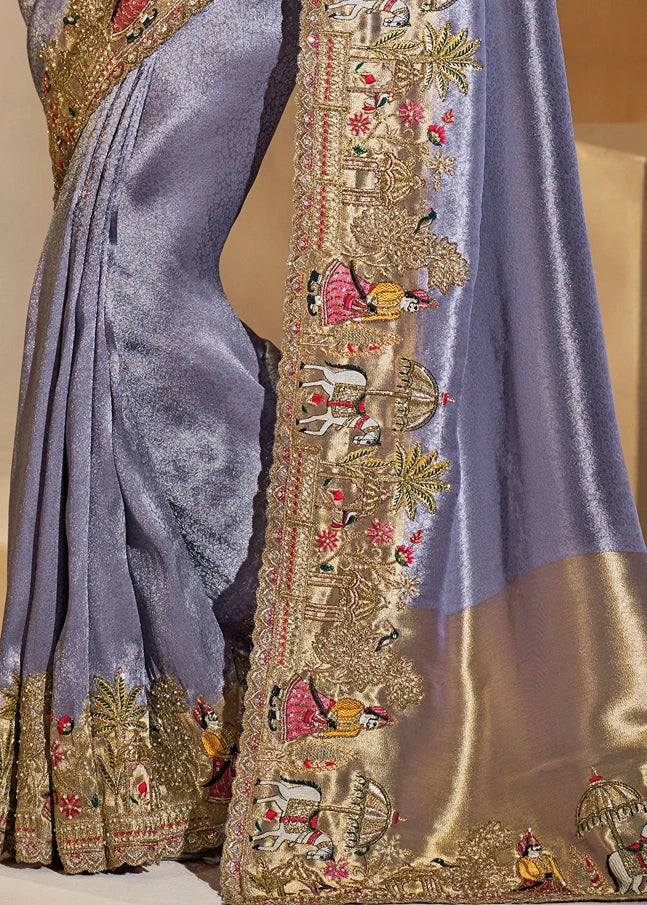 Lavender Purple & Golden Kanjivaram Silk Embroidered Bridal Saree
