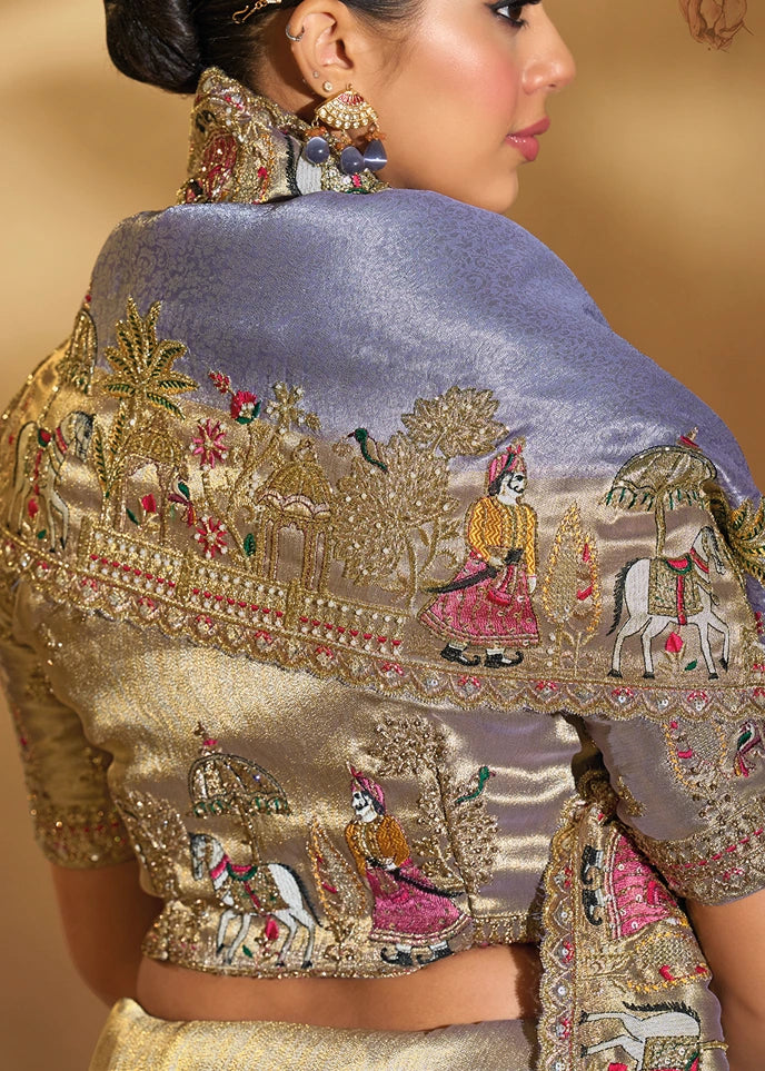 Lavender Purple & Golden Kanjivaram Silk Embroidered Bridal Saree