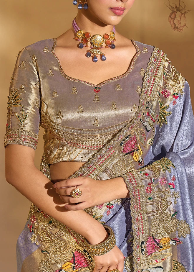 Lavender Purple & Golden Kanjivaram Silk Embroidered Bridal Saree