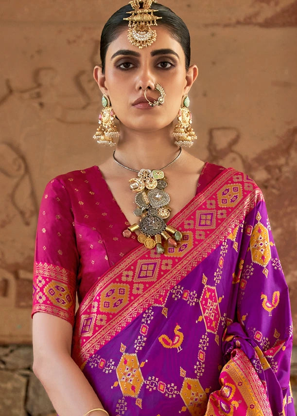 Violet Purple Patola Silk Saree With Rani Pink Blouse