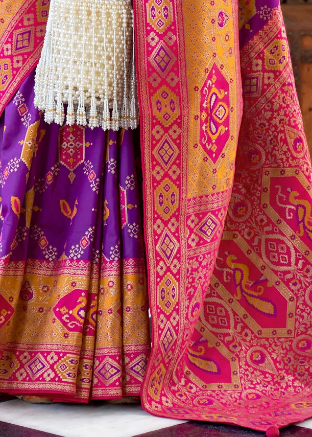 Violet Purple Patola Silk Saree With Rani Pink Blouse