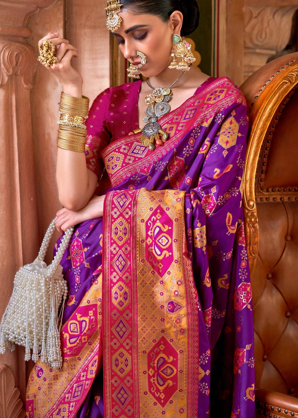 Violet Purple Patola Silk Saree With Rani Pink Blouse
