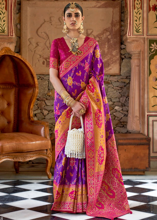 Violet Purple Patola Silk Saree With Rani Pink Blouse