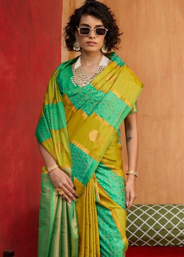 Mustard Yellow and Green Banarasi Patola Handloom Silk Saree