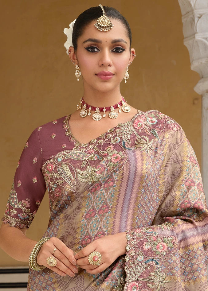 Mauve Multicolor Zari Silk Embroidered Bridal Saree
