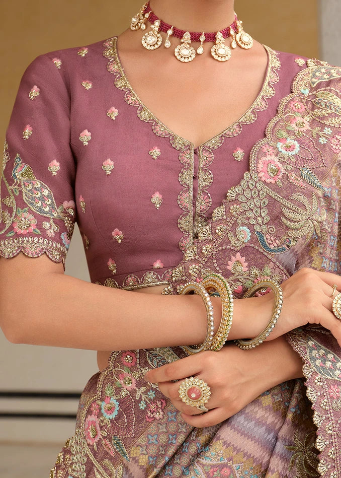 Mauve Multicolor Zari Silk Embroidered Bridal Saree