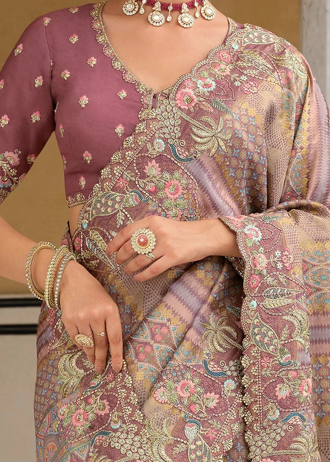 Mauve Multicolor Zari Silk Embroidered Bridal Saree