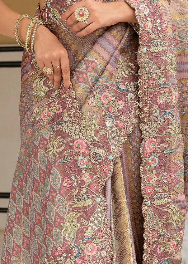 Mauve Multicolor Zari Silk Embroidered Bridal Saree
