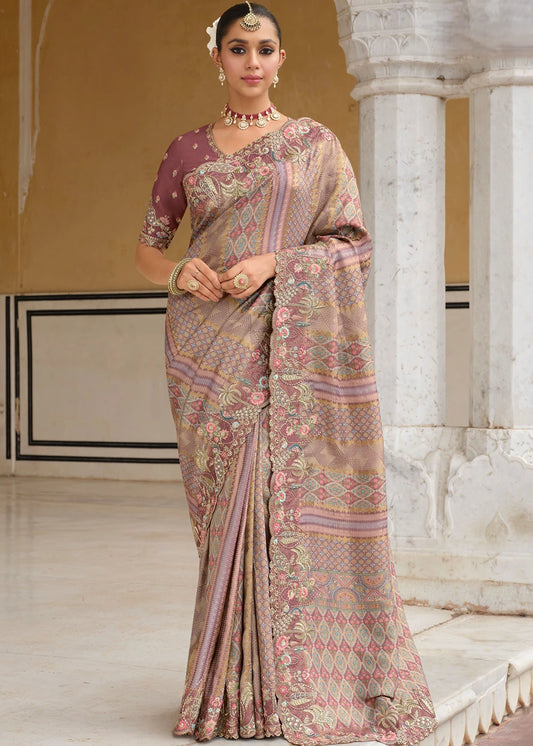 Mauve Multicolor Zari Silk Embroidered Bridal Saree